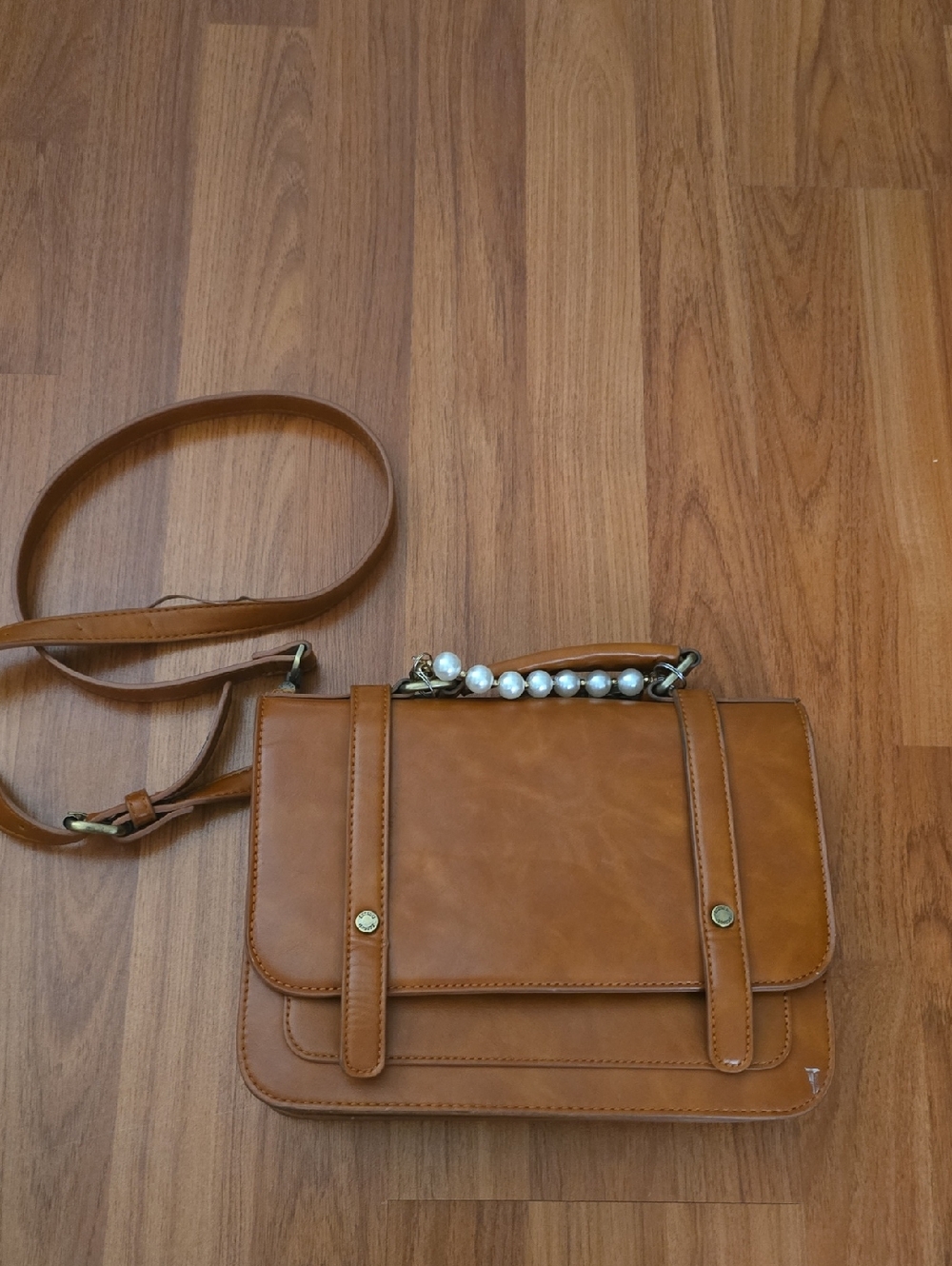 Tan Pearl-Top Crossbody Bag for Women
